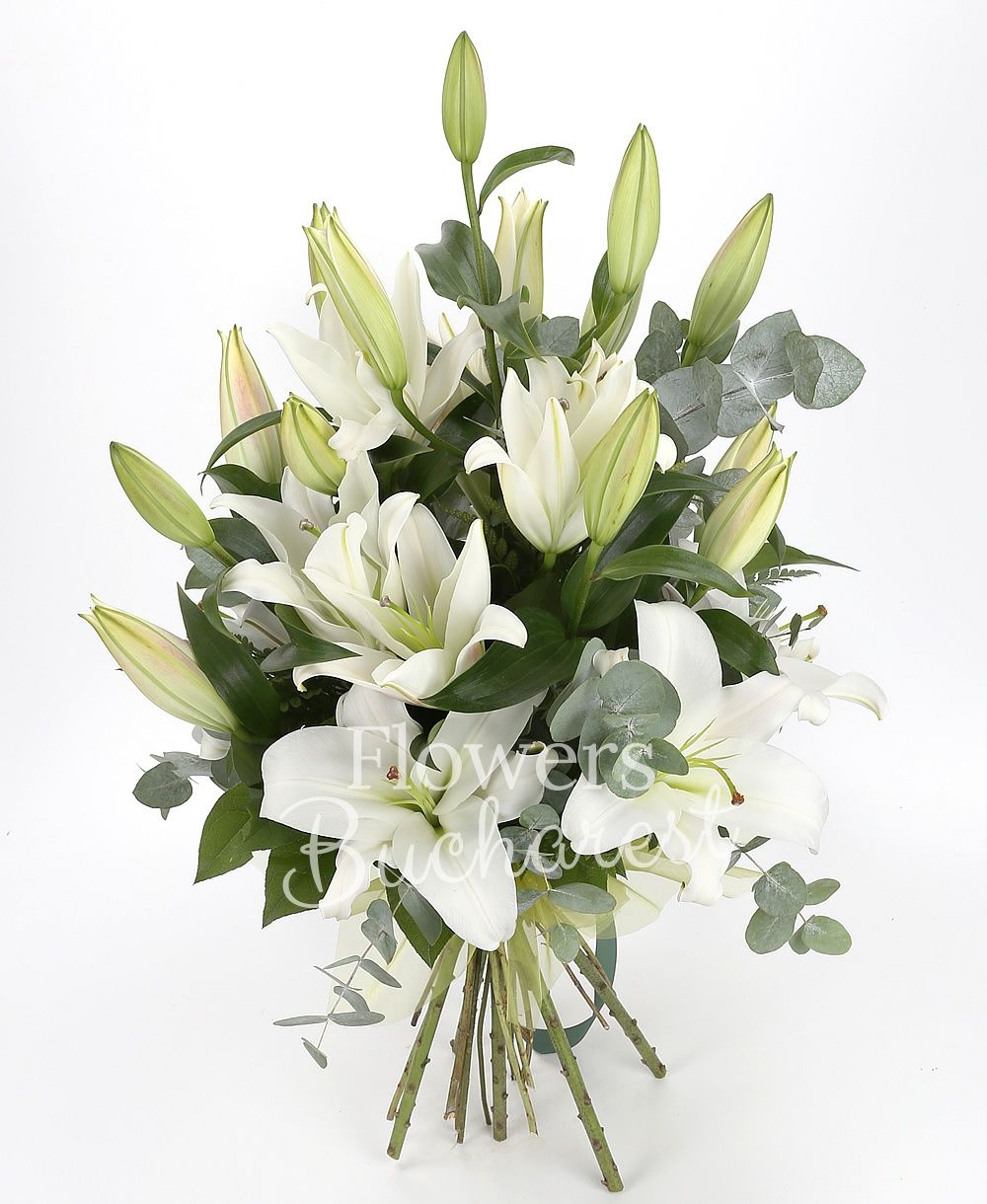 5 white lilies, greenery