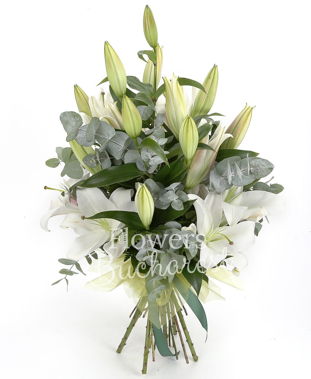 5 white lilies, greenery