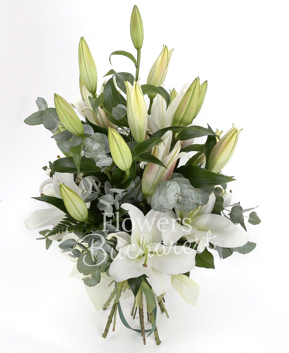 5 white lilies, greenery