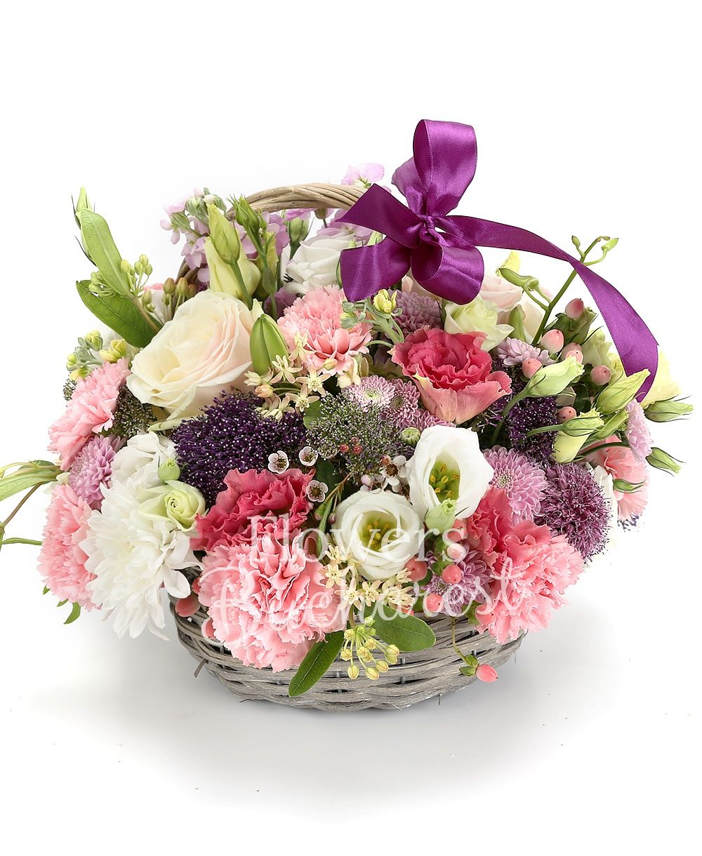 5 matthiola, 5 roses, 5 pink santini, 7 pink carnations, 5 mauve trachelium, 5 pink hypericum, 3 pink lisianthus, white lily, greenery