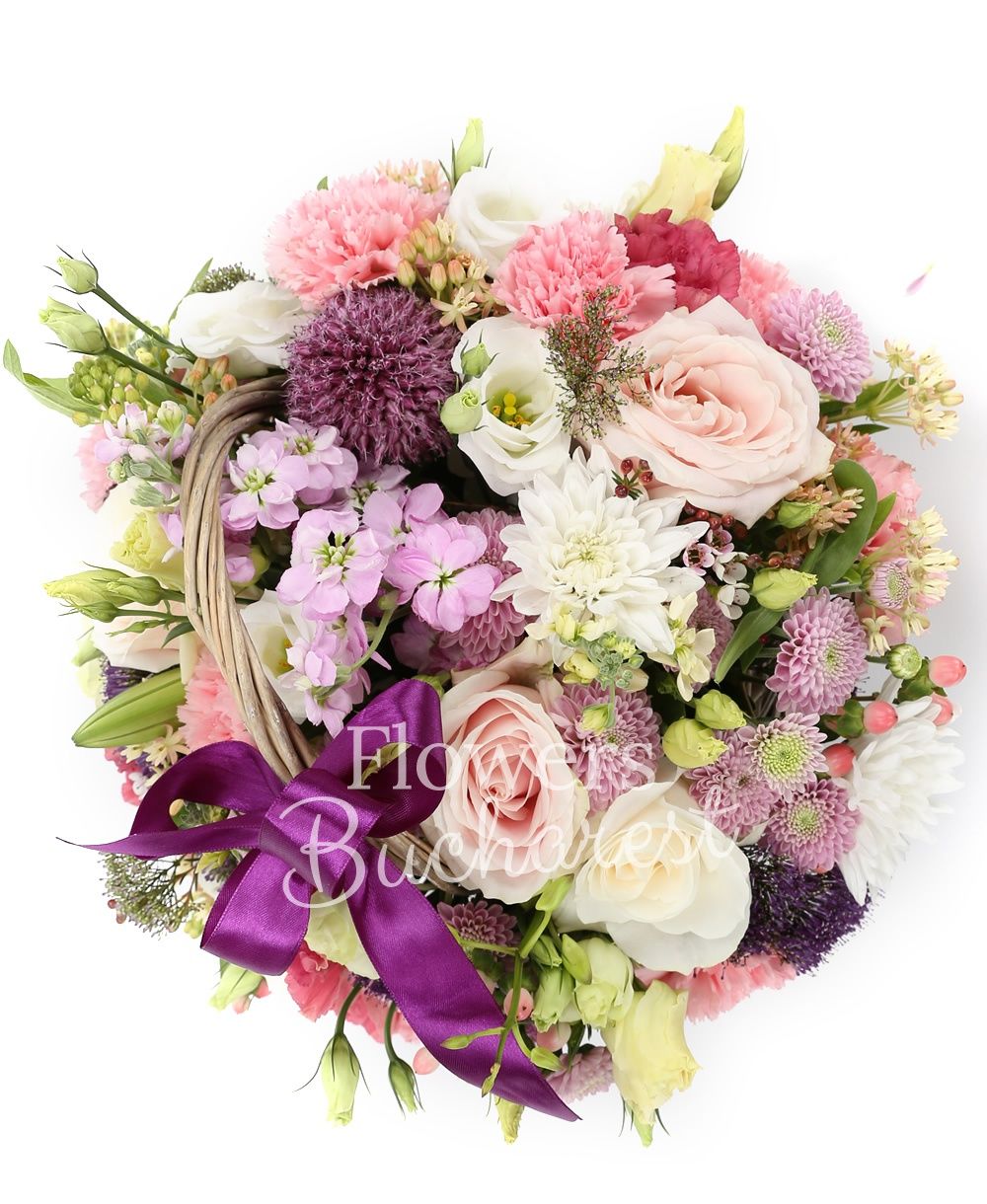 5 matthiola, 5 roses, 5 pink santini, 7 pink carnations, 5 mauve trachelium, 5 pink hypericum, 3 pink lisianthus, white lily, greenery