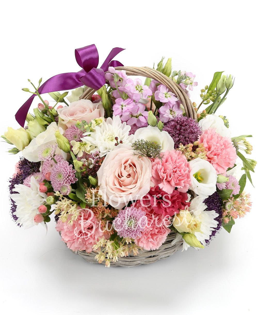 5 matthiola, 5 roses, 5 pink santini, 7 pink carnations, 5 mauve trachelium, 5 pink hypericum, 3 pink lisianthus, white lily, greenery