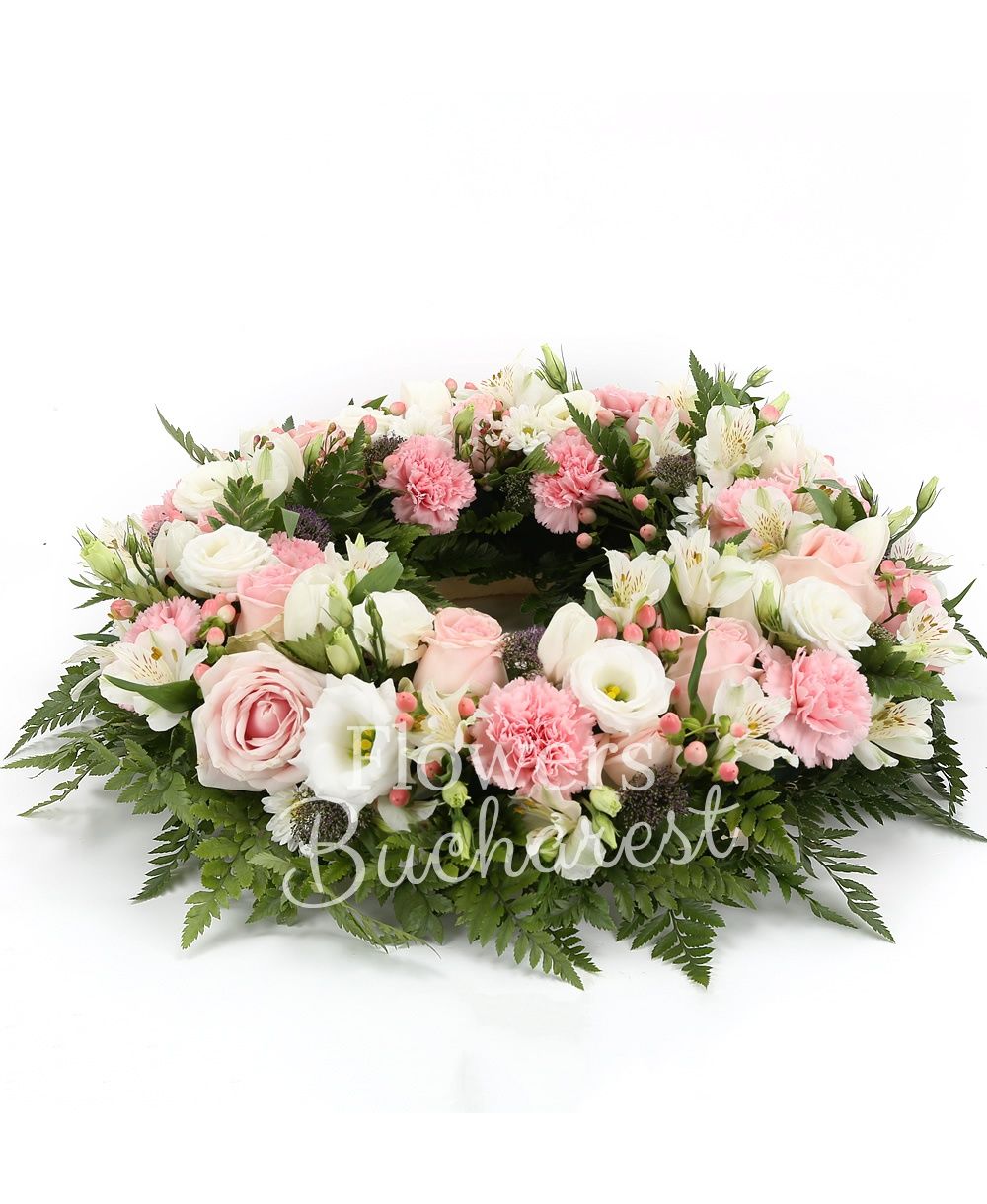 10 pink roses, 15 pink carnations, 5 white alstroemeria, 10 white lisianthus, 10 pink hypericum, 10 white tulips, 10 mauve trachelium, greenery
