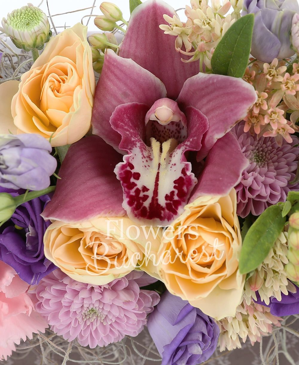 3 asclepias, 3 cream miniroses, 2 cymbidium, 2 mauve lisianthus, 2 pink santini, 3 pink carnations, 5 pink tulips, greenery