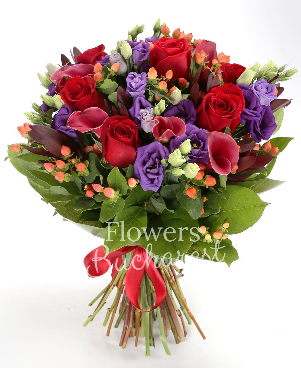 7 red roses, 7 mauve lisianthus, 7 red cala, 7 red leucadendron, 7 red hypericum, greenery