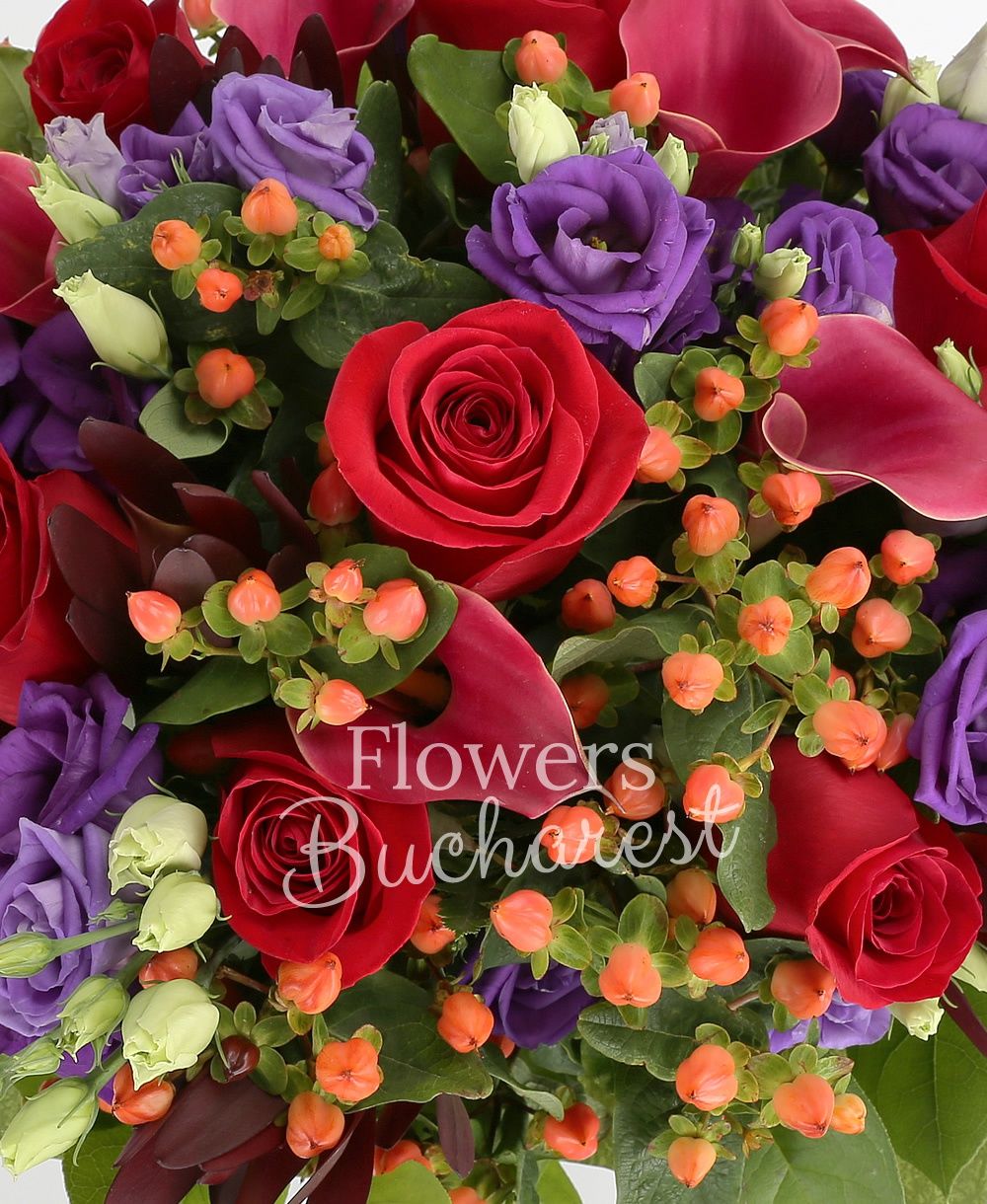7 red roses, 7 mauve lisianthus, 7 red cala, 7 red leucadendron, 7 red hypericum, greenery
