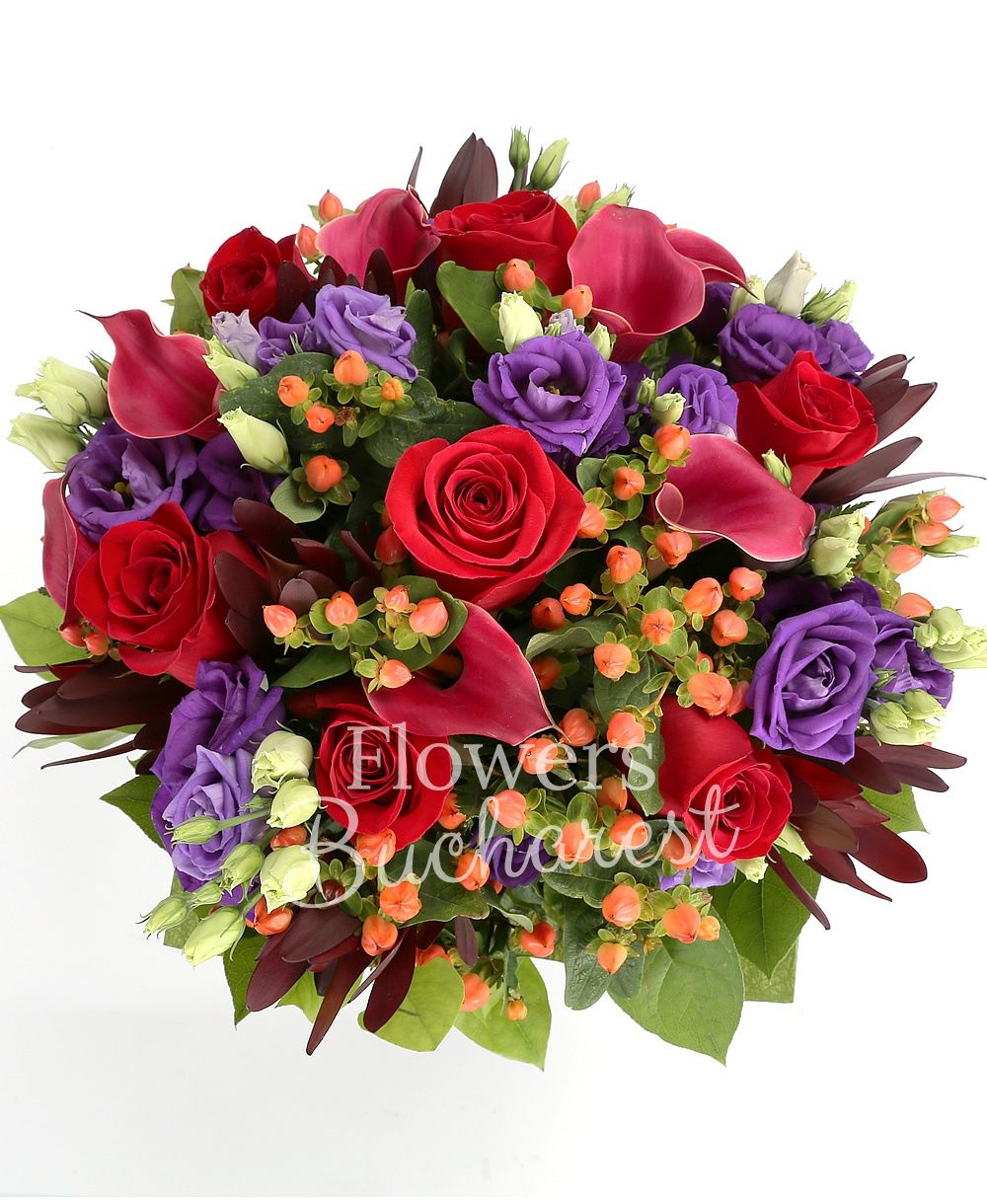 7 red roses, 7 mauve lisianthus, 7 red cala, 7 red leucadendron, 7 red hypericum, greenery