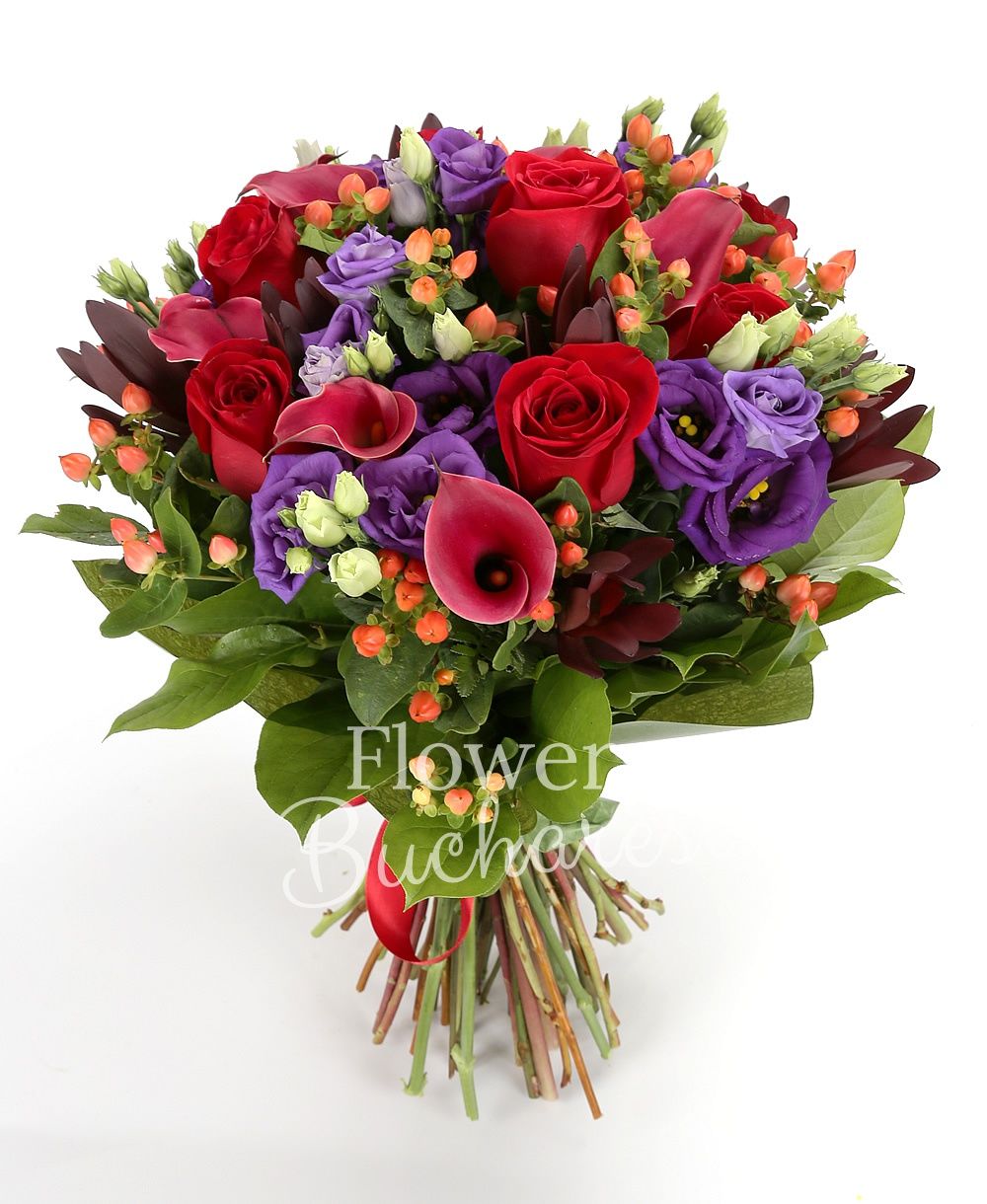 7 red roses, 7 mauve lisianthus, 7 red cala, 7 red leucadendron, 7 red hypericum, greenery