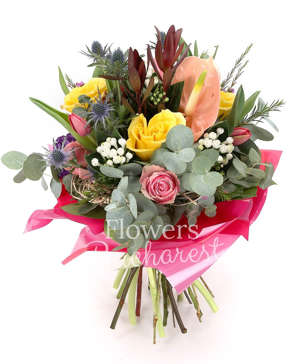 1 pink anthurium, 3 yellow roses, 3 pink roses, 3 eryngium, 2 leucadendron, 3 white bouvardia, 5 red tulips, greenery