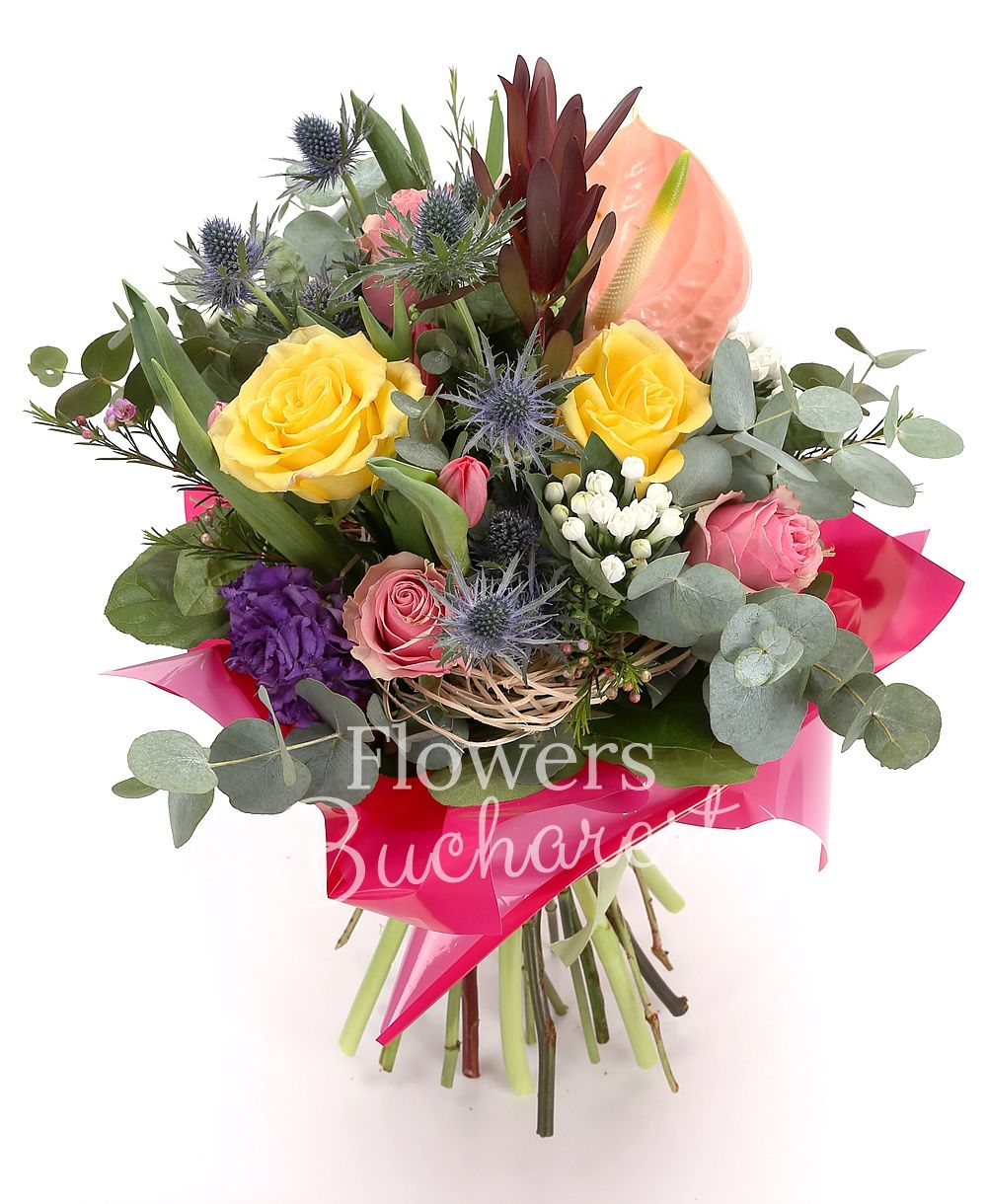 1 pink anthurium, 3 yellow roses, 3 pink roses, 3 eryngium, 2 leucadendron, 3 white bouvardia, 5 red tulips, greenery