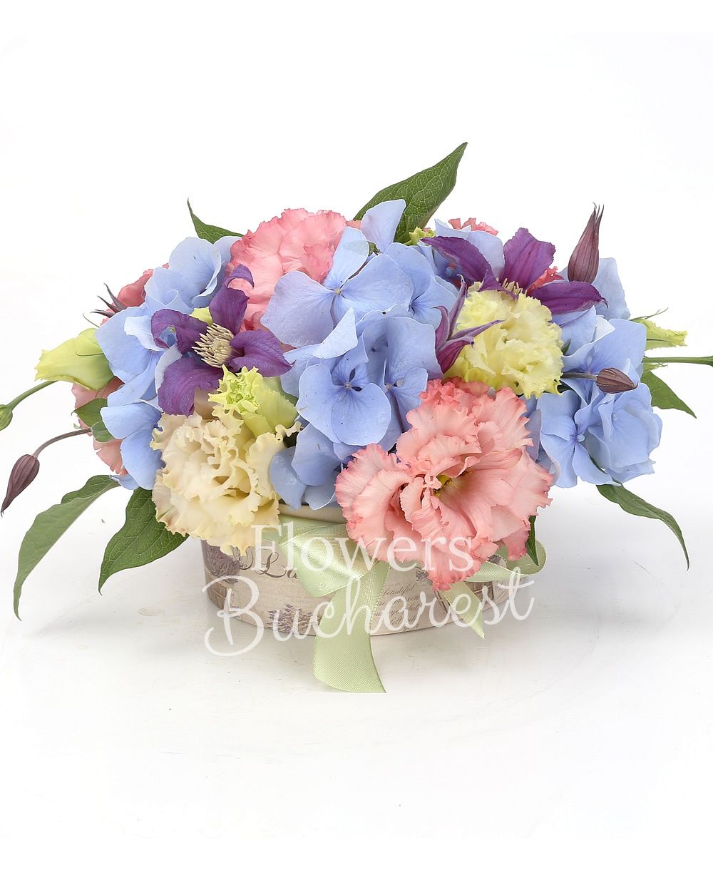 1 blue hydrangea, 2 pink lisianthus, 3 clematis