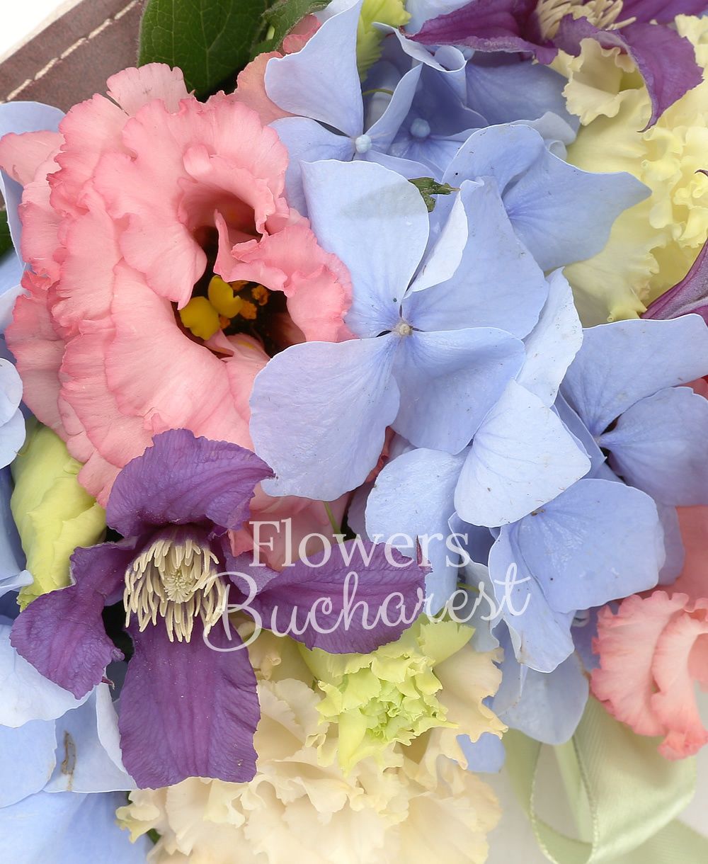 1 blue hydrangea, 2 pink lisianthus, 3 clematis