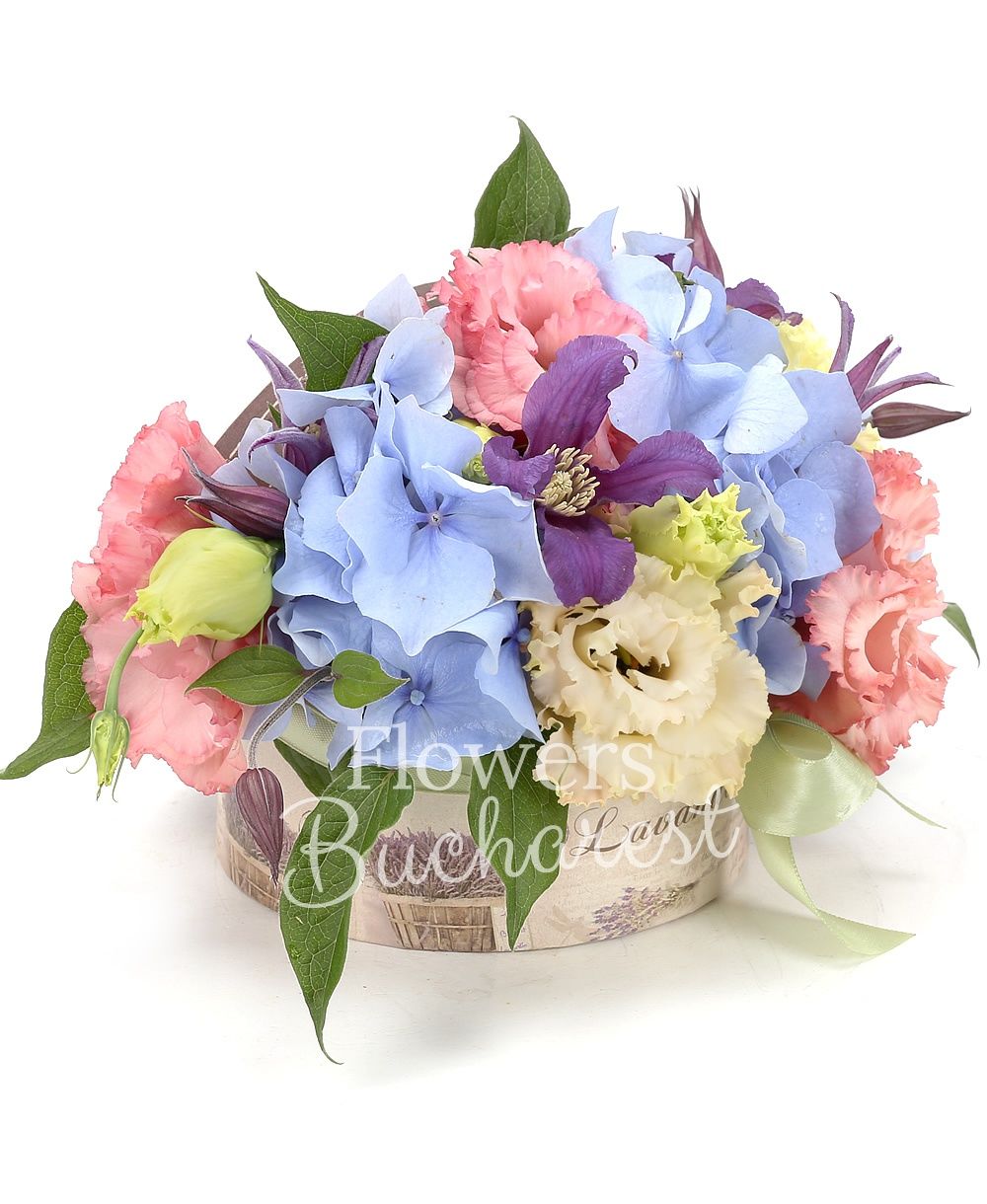 1 blue hydrangea, 2 pink lisianthus, 3 clematis