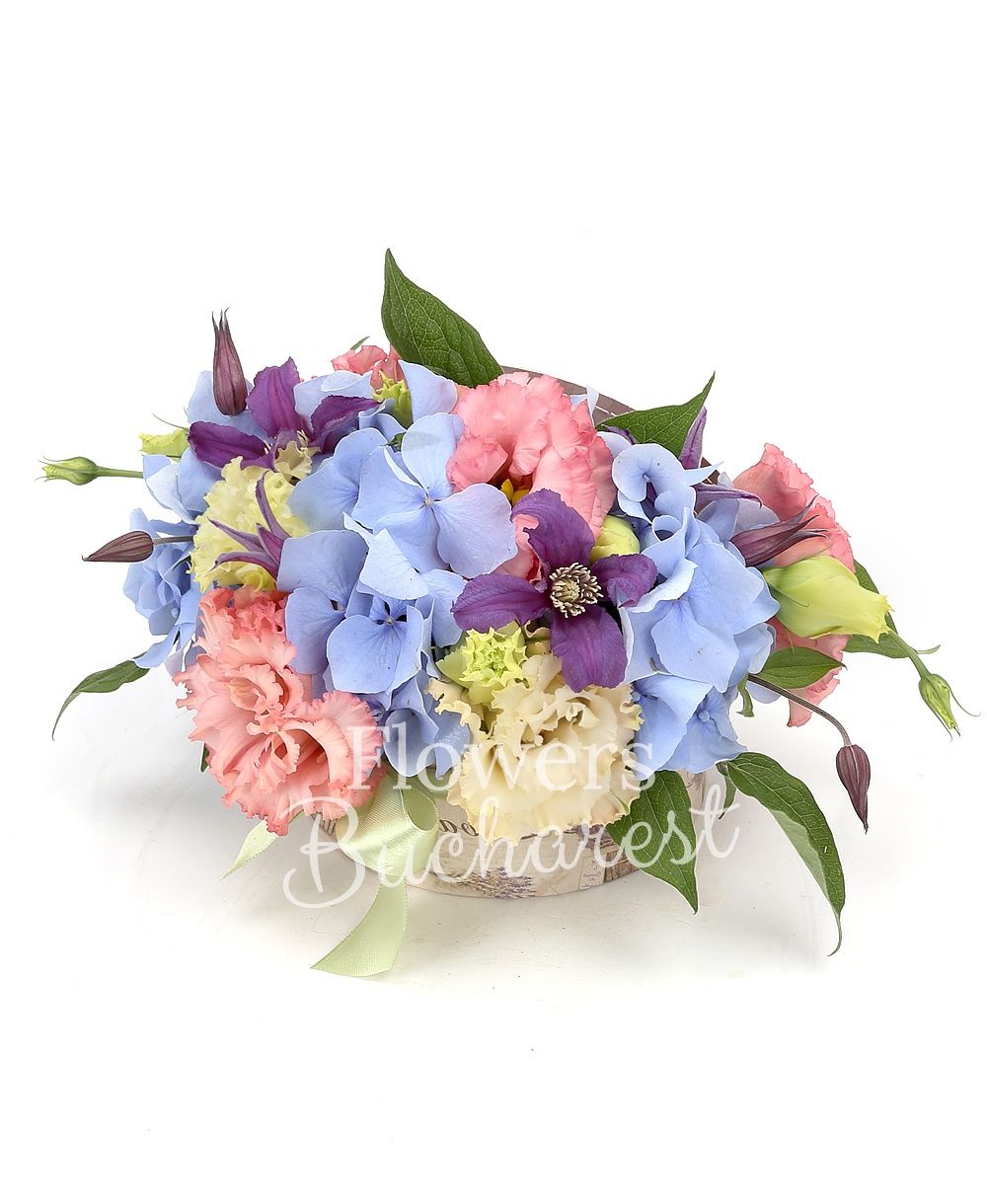 1 blue hydrangea, 2 pink lisianthus, 3 clematis