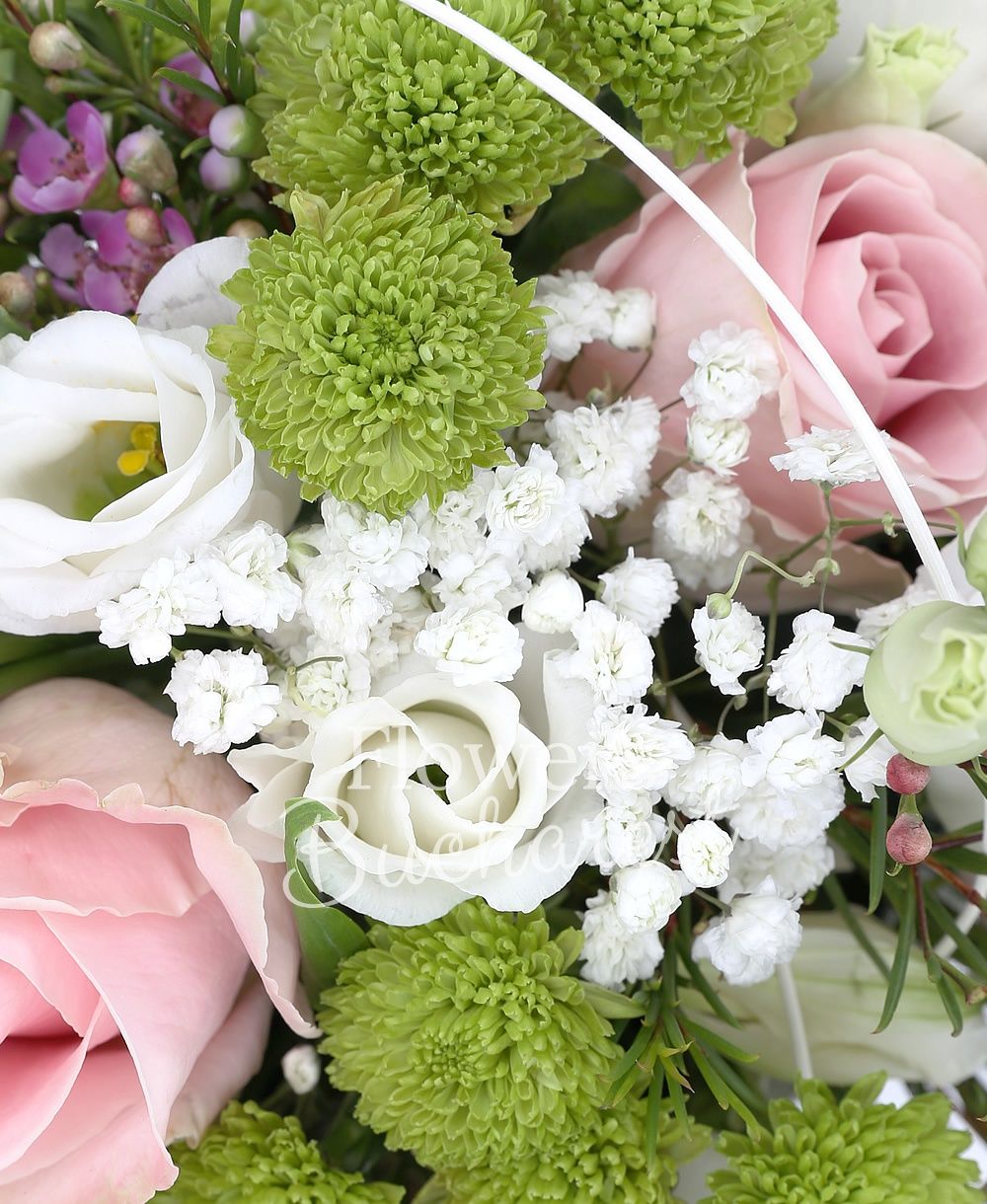 5 pink roses, 3 alstroemeria, 5 white lisianthus, 3 green santini, greenery