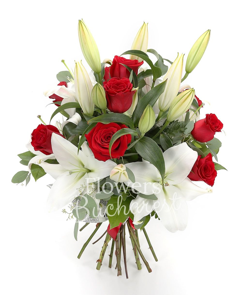11 red roses, 4 white lilies, greenery