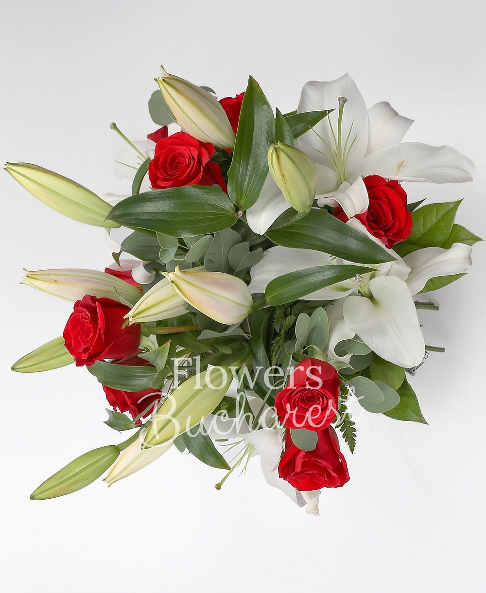 11 red roses, 4 white lilies, greenery