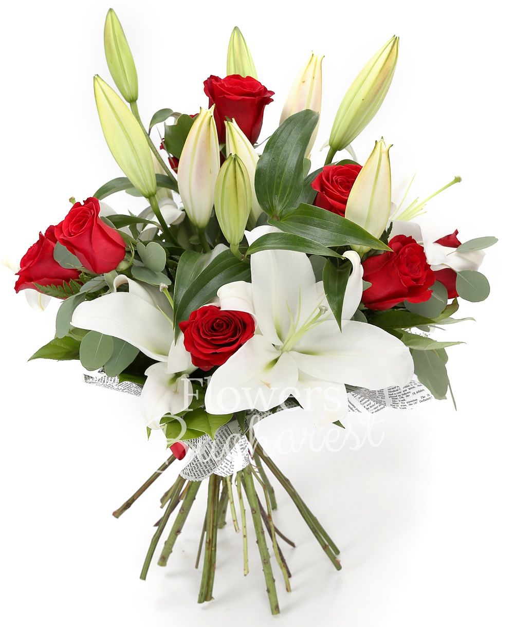 11 red roses, 4 white lilies, greenery