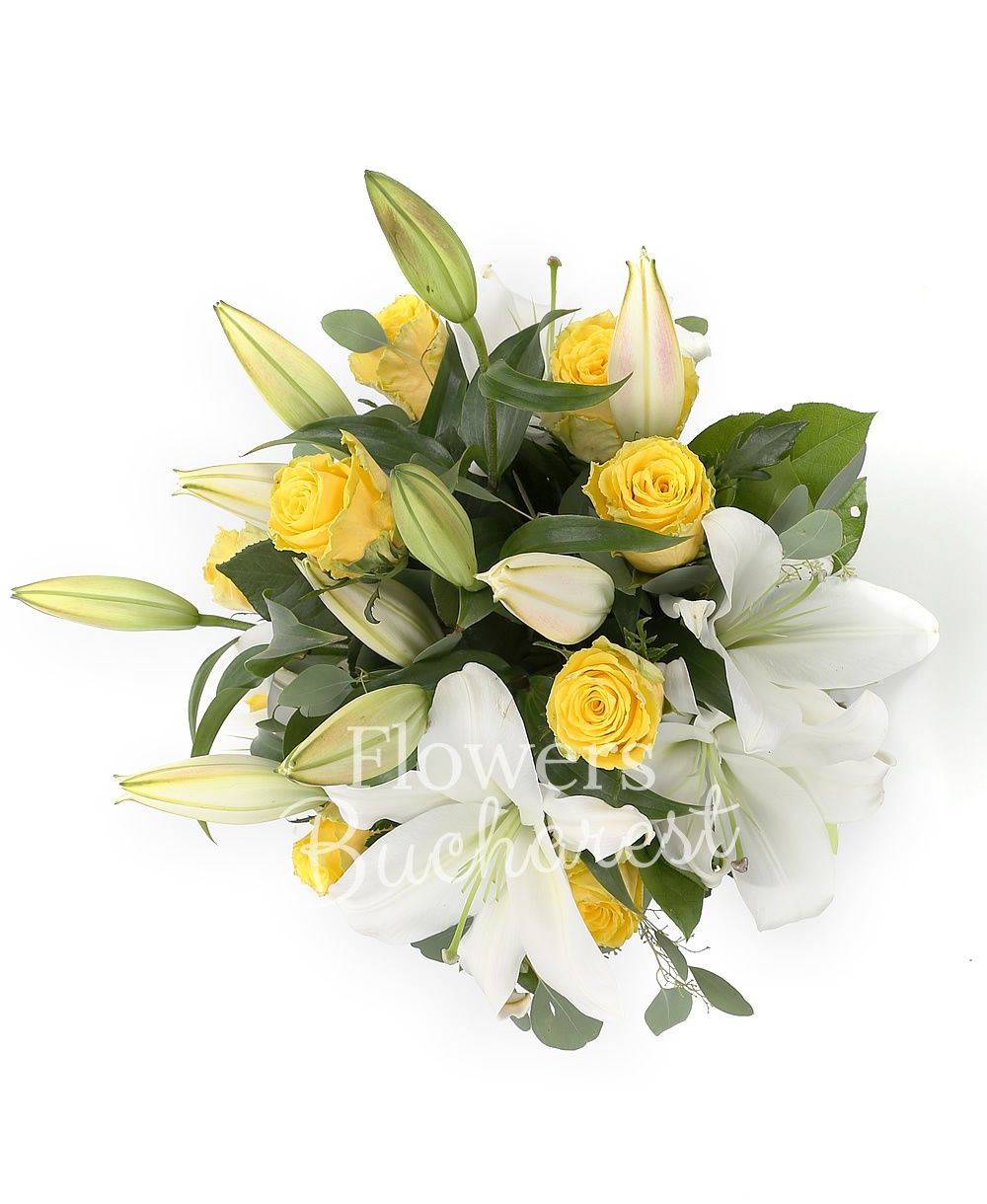 9 yellow roses, 4 white lilies, greenery