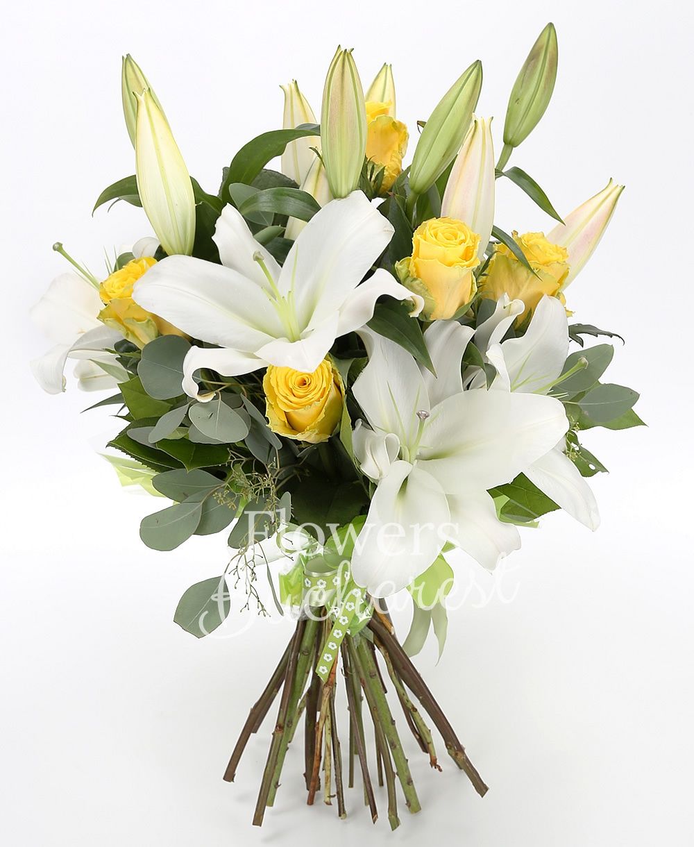 9 yellow roses, 4 white lilies, greenery