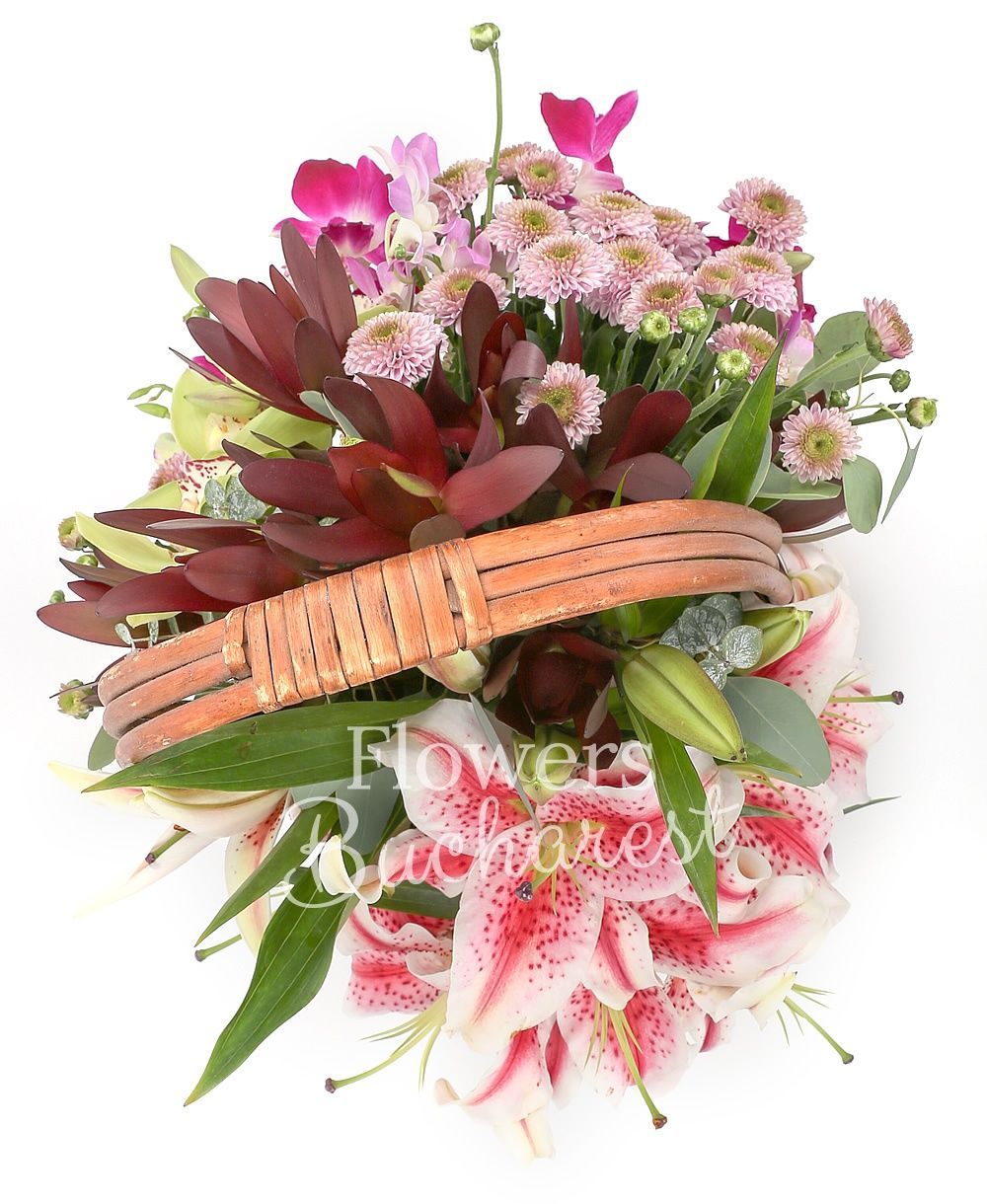 3 pink lilies, 5 pink santini, 5 leucadendron, green cymbidium, 4 mauve dendrobium, greenery