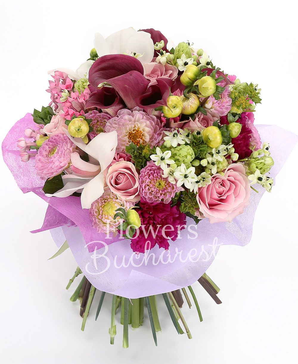 5 red cala, 7 ornithogalum, 10 pink roses, 5 pink dahlias, 7 pink bouvardia, 7 cyclam carnations, white cymbidium, greenery