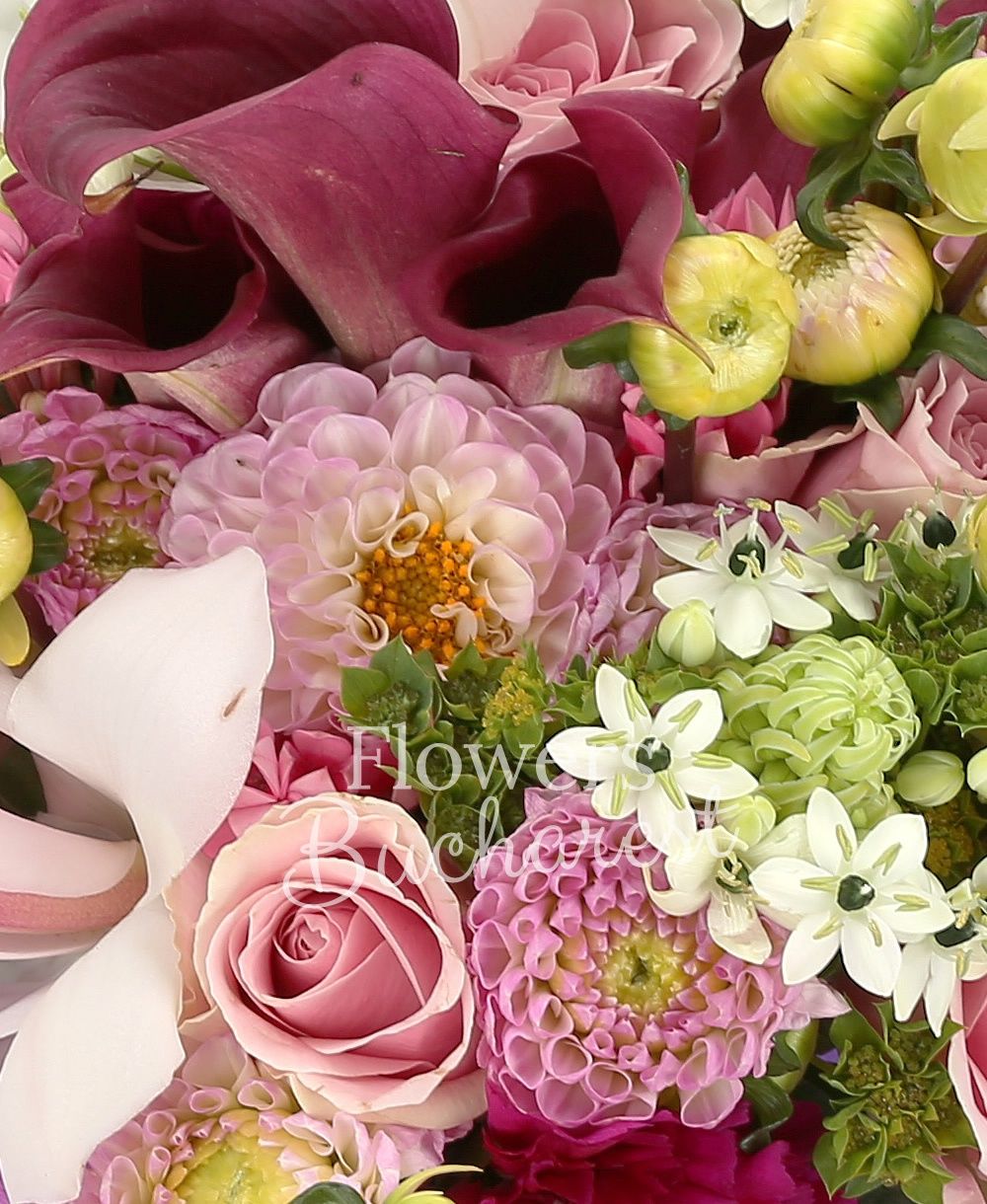 5 red cala, 7 ornithogalum, 10 pink roses, 5 pink dahlias, 7 pink bouvardia, 7 cyclam carnations, white cymbidium, greenery