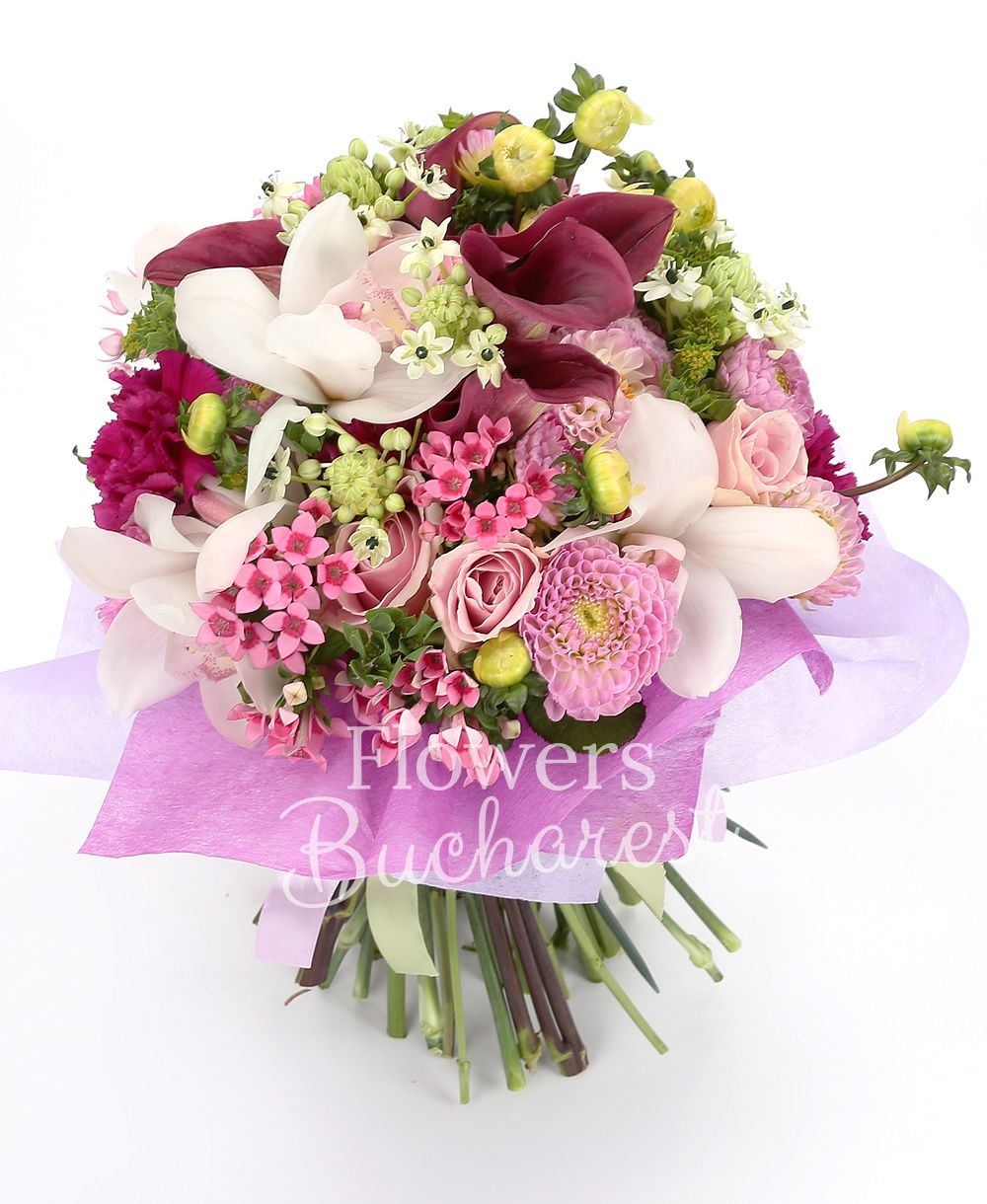 5 red cala, 7 ornithogalum, 10 pink roses, 5 pink dahlias, 7 pink bouvardia, 7 cyclam carnations, white cymbidium, greenery