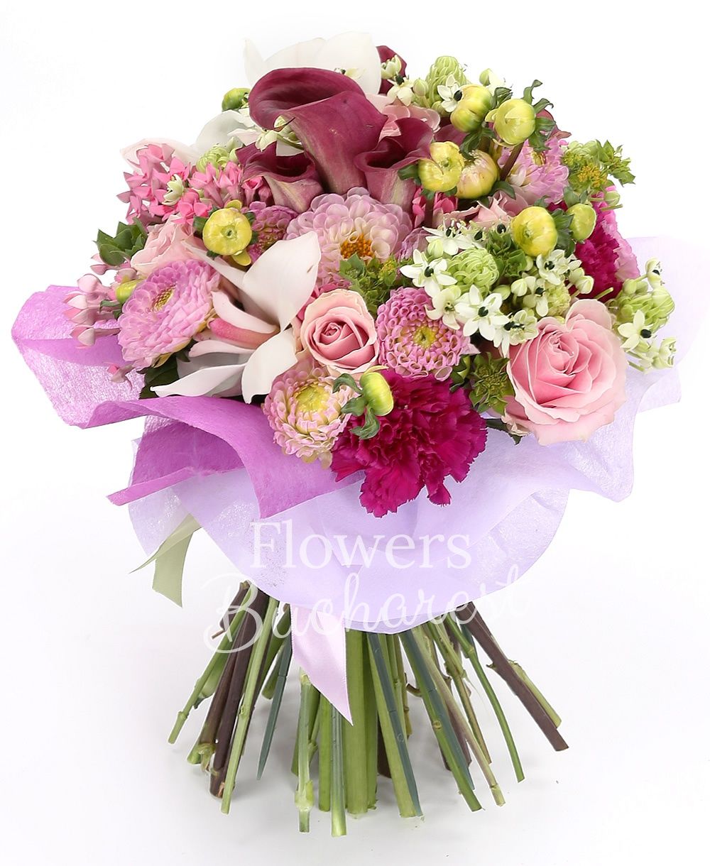 5 red cala, 7 ornithogalum, 10 pink roses, 5 pink dahlias, 7 pink bouvardia, 7 cyclam carnations, white cymbidium, greenery