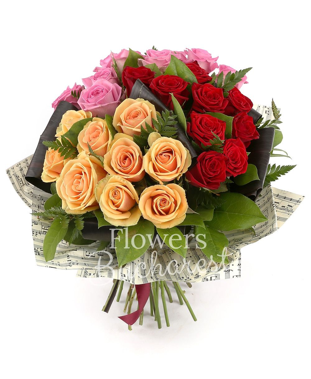 9 red roses, 9 pink roses, 9 banana yellow roses, greenery