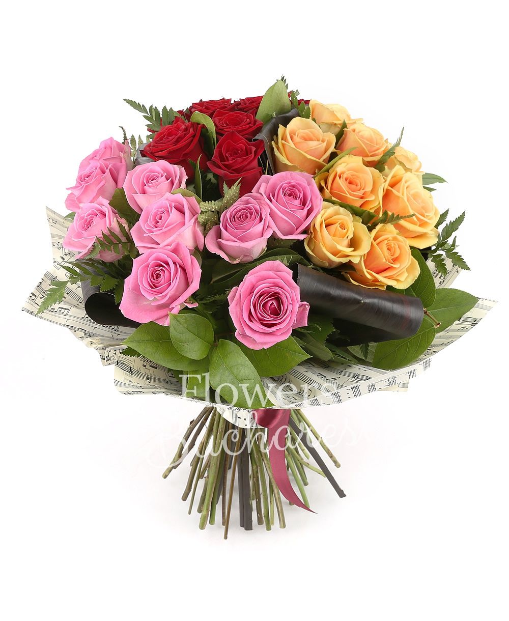 9 red roses, 9 pink roses, 9 banana yellow roses, greenery