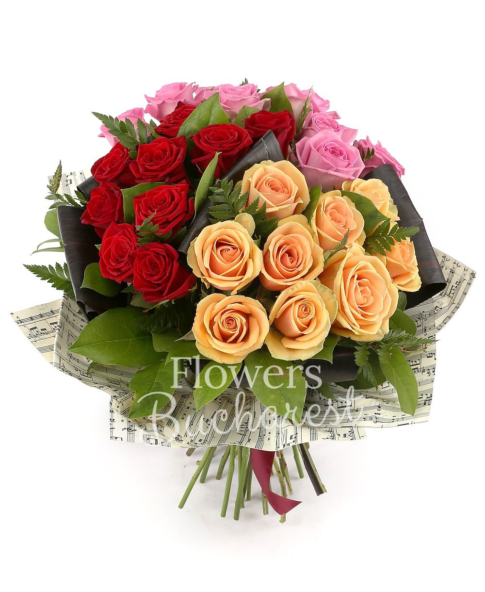 9 red roses, 9 pink roses, 9 banana yellow roses, greenery