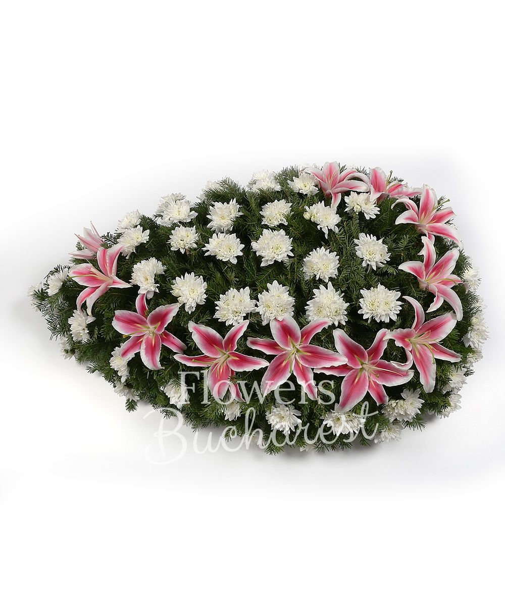 white chrysanthemums, pink lilies