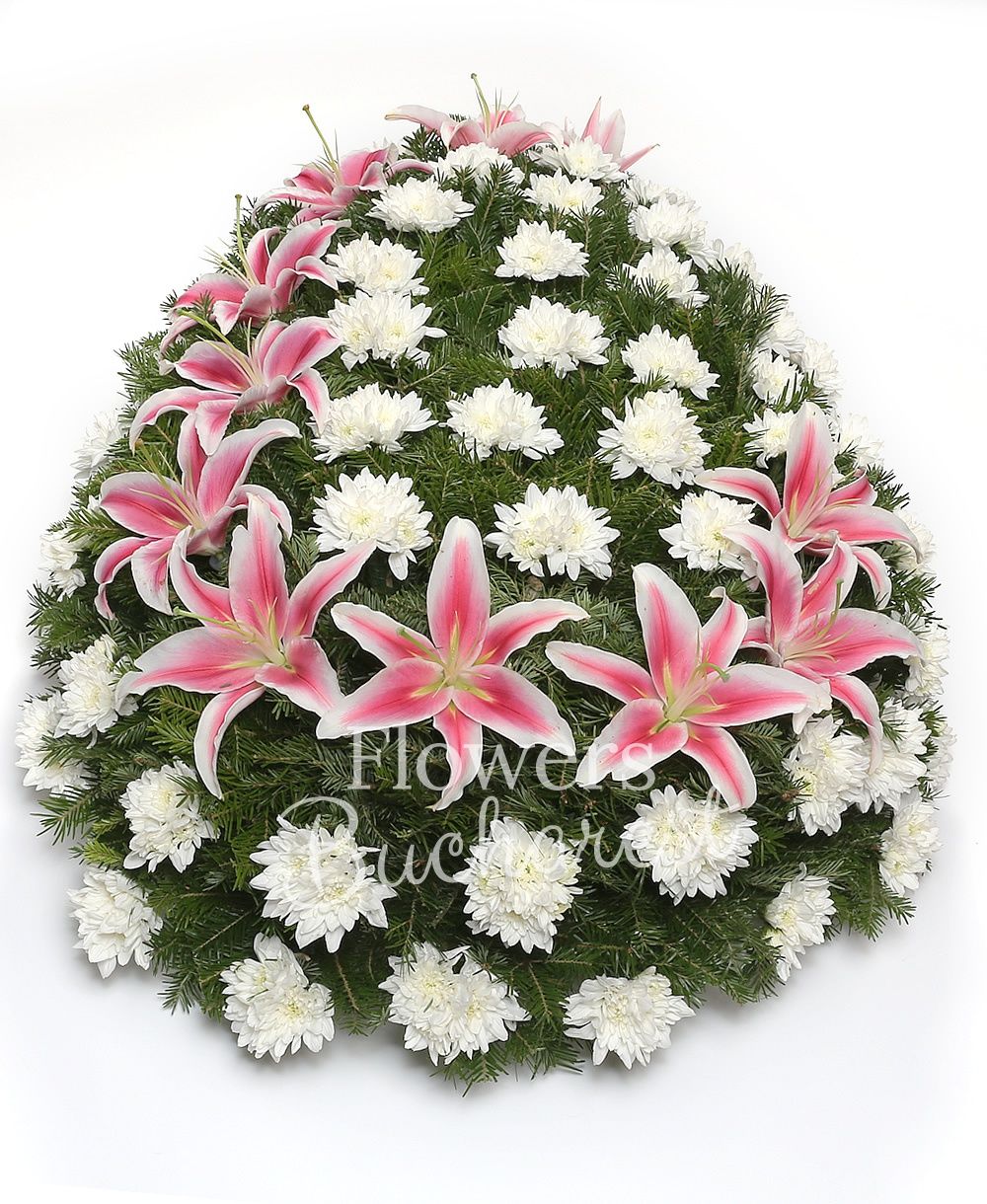 white chrysanthemums, pink lilies