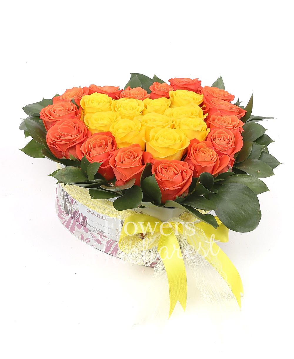 15 orange roses, 10 yellow roses, greenery