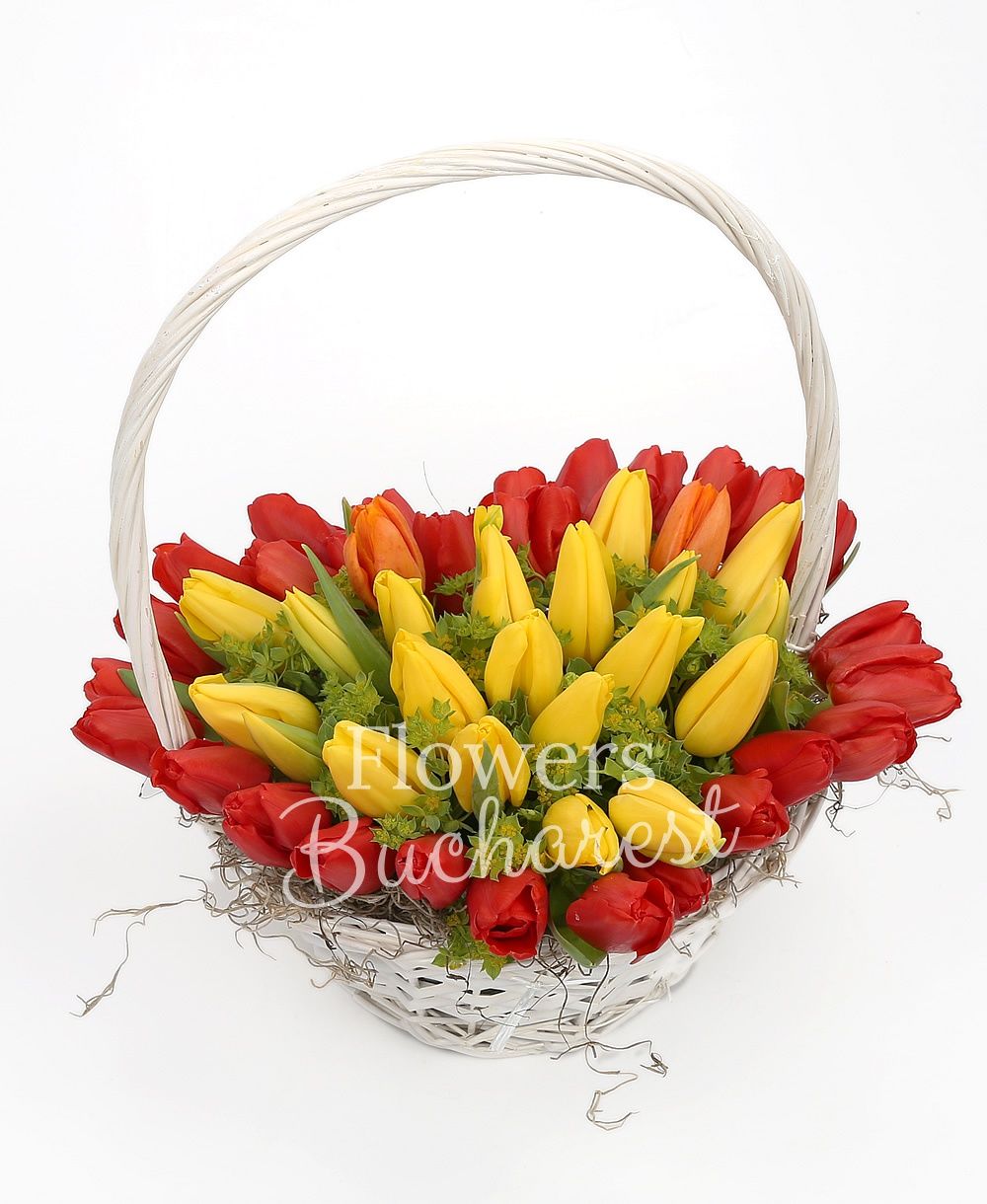 30 red tulips, 19 yellow tulips, greenery