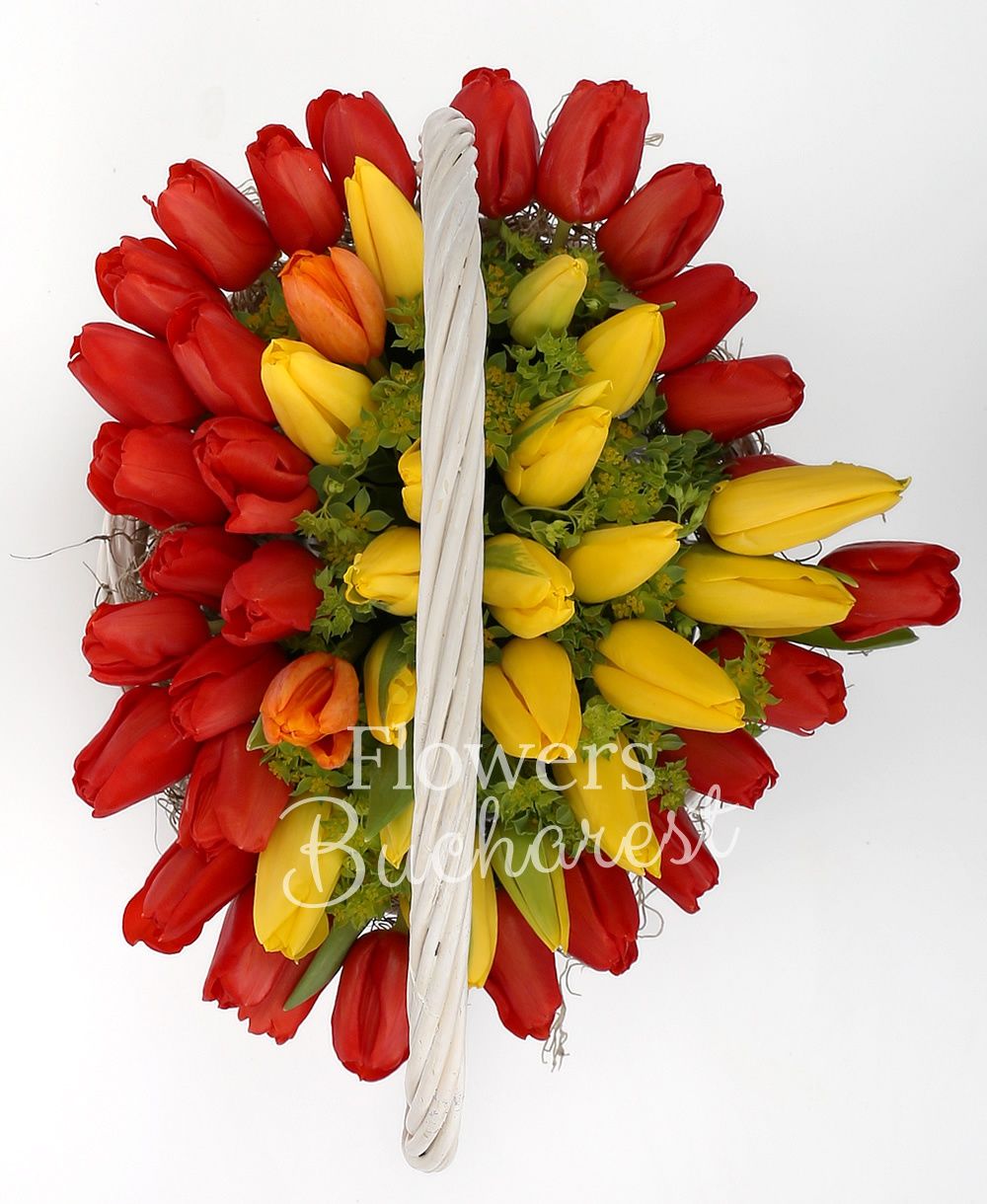 30 red tulips, 19 yellow tulips, greenery