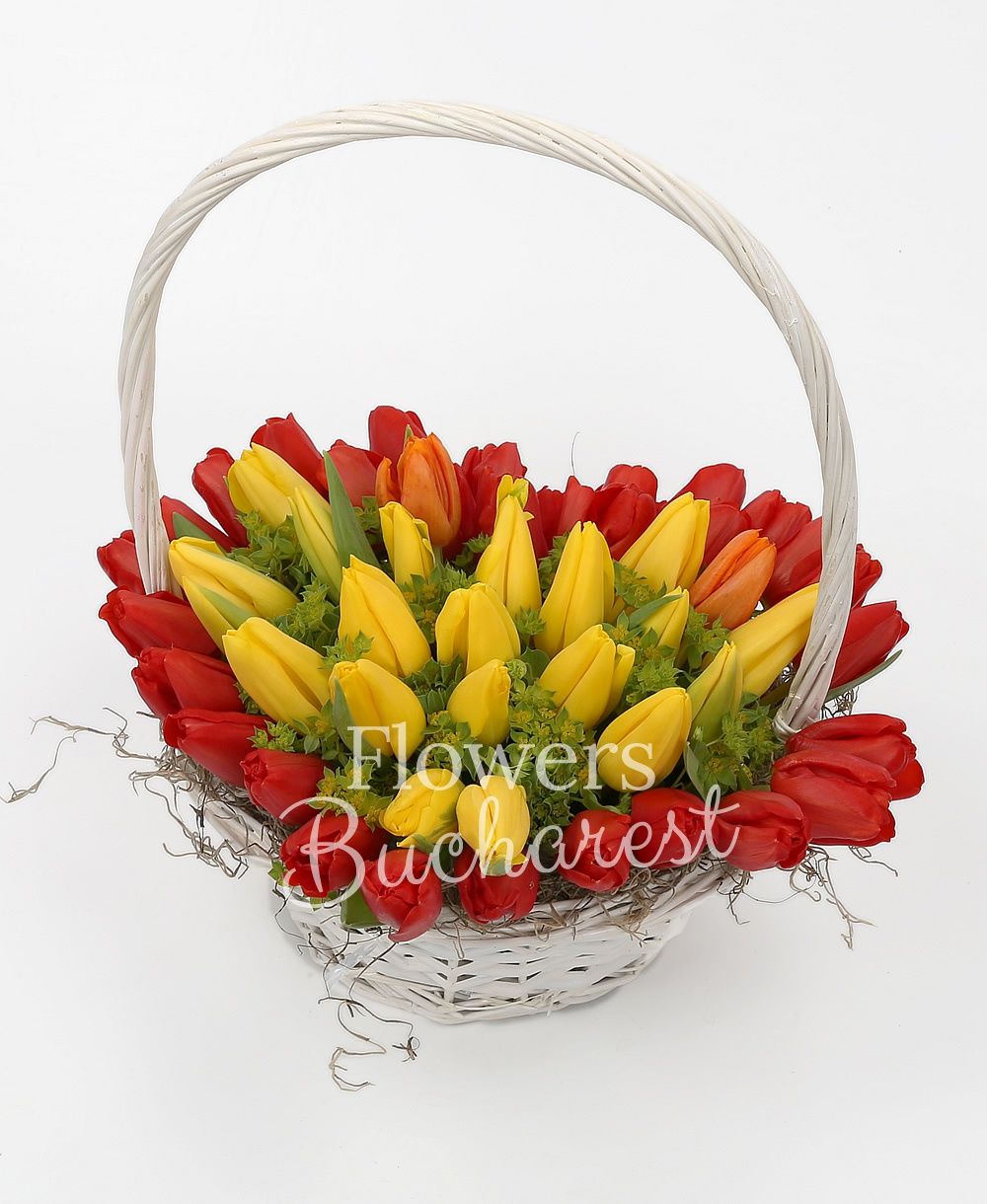 30 red tulips, 19 yellow tulips, greenery