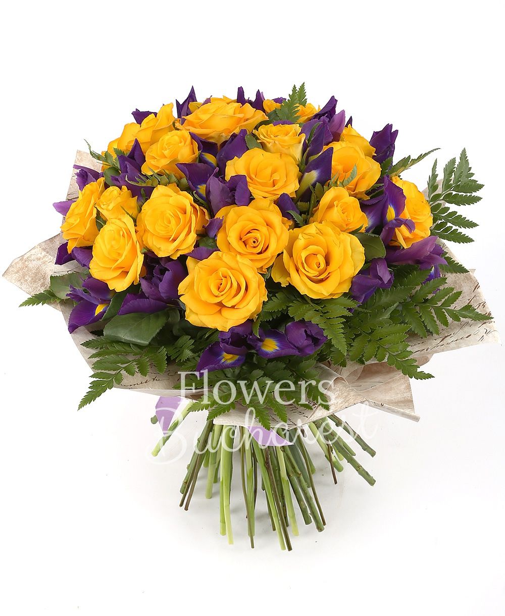 19 yellow roses, 20 mauve irises