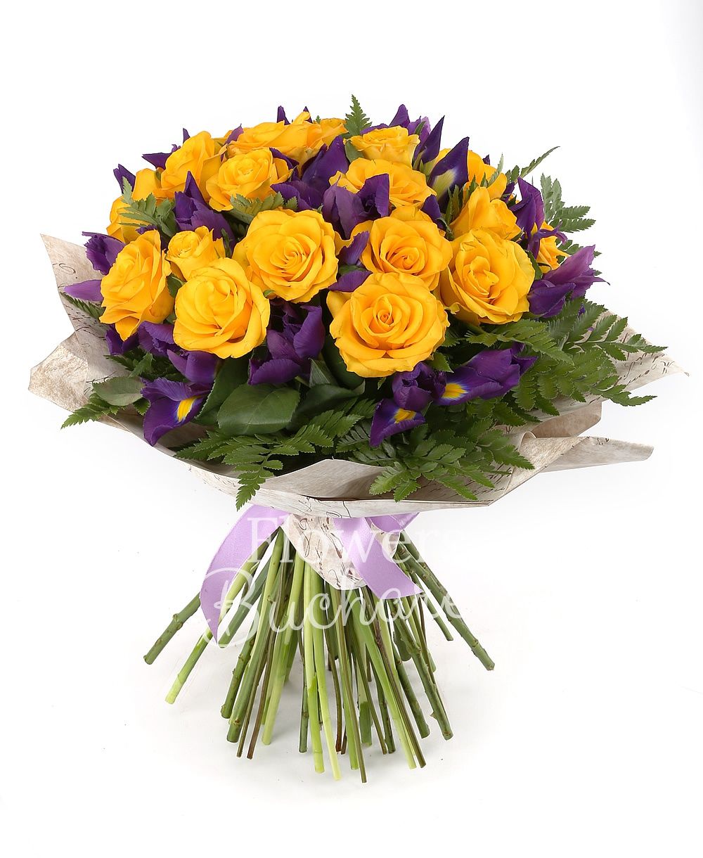 19 yellow roses, 20 mauve irises