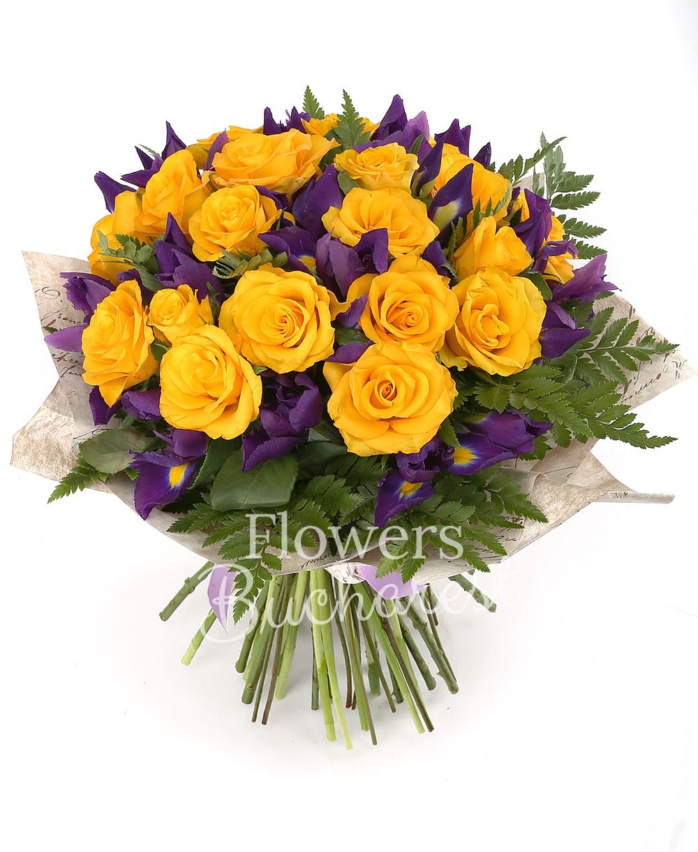 19 yellow roses, 20 mauve irises