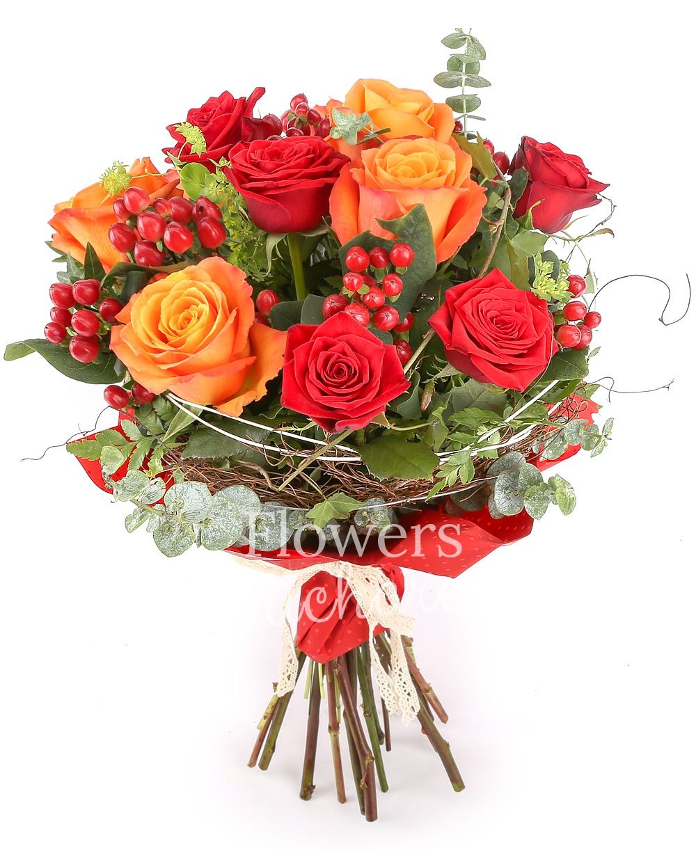 5 red roses, 6 orange roses, 4 red hypericum, greenery