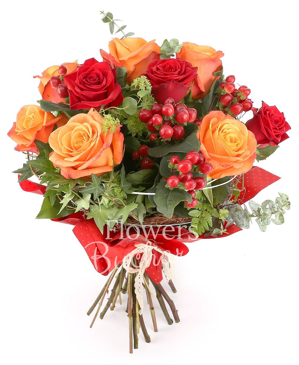 5 red roses, 6 orange roses, 4 red hypericum, greenery