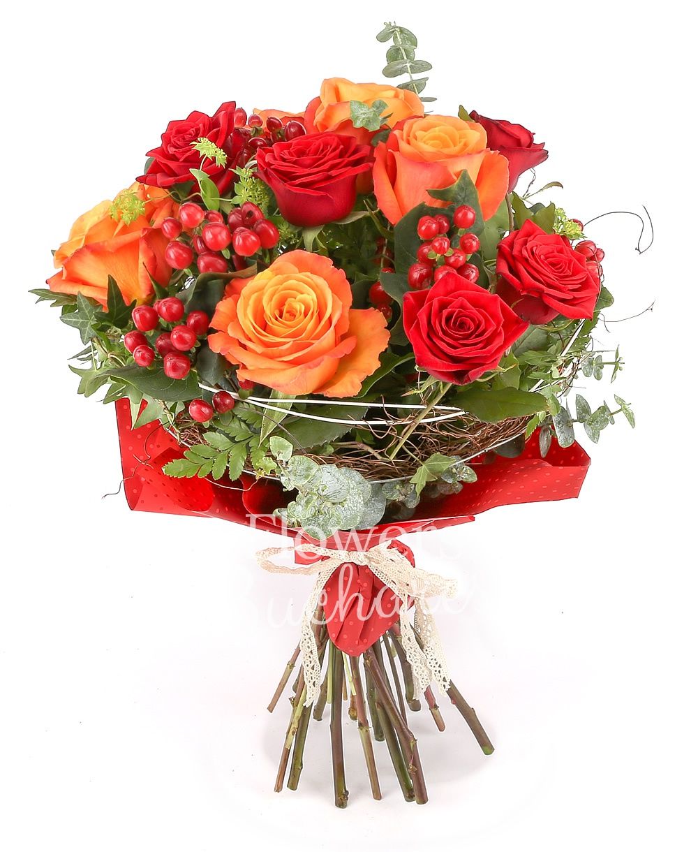 5 red roses, 6 orange roses, 4 red hypericum, greenery