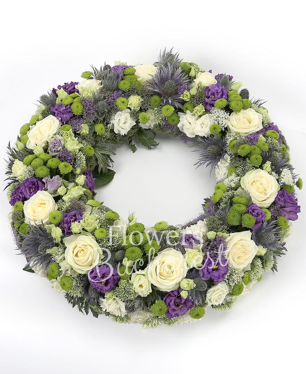 10 white roses, 10 eryngium, 10 white trachelium, 10 mauve trachelium, 10 mauve lisianthus, 10 white lisianthus, 15 santini