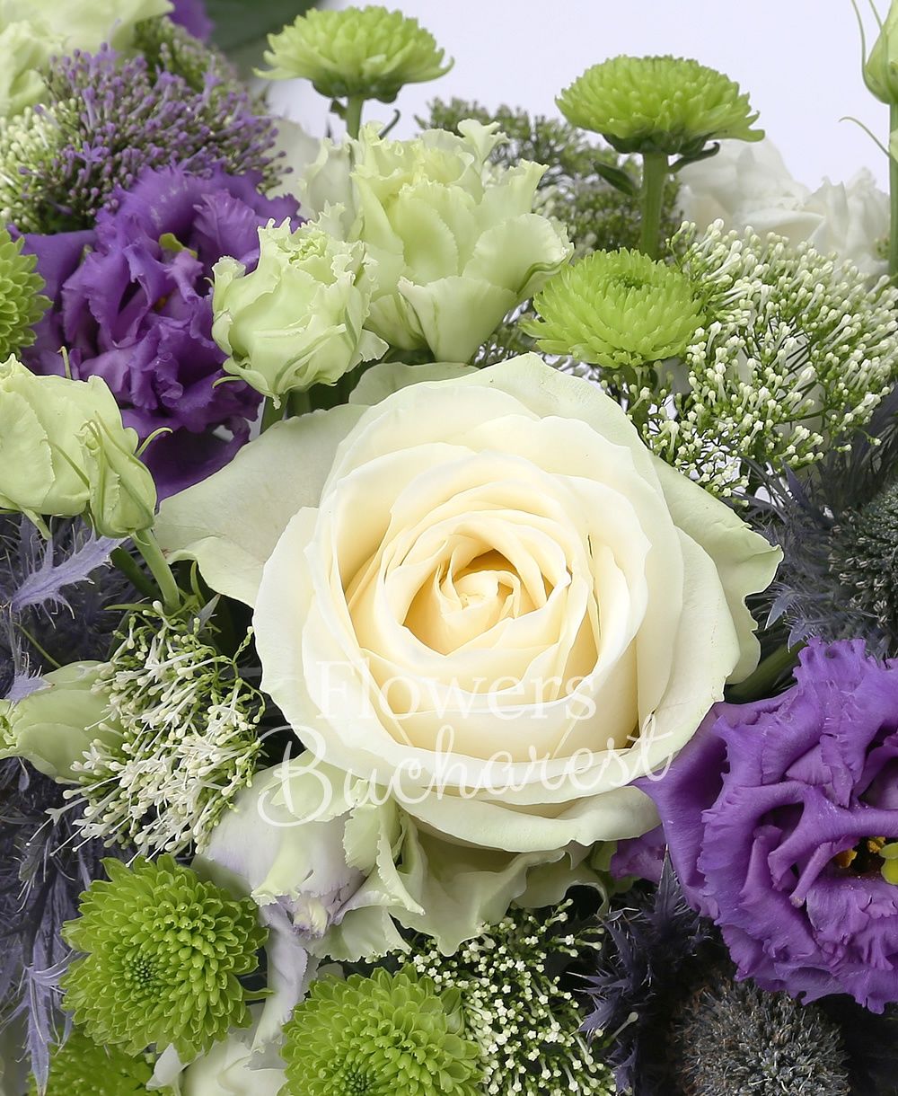 10 white roses, 10 eryngium, 10 white trachelium, 10 mauve trachelium, 10 mauve lisianthus, 10 white lisianthus, 15 santini