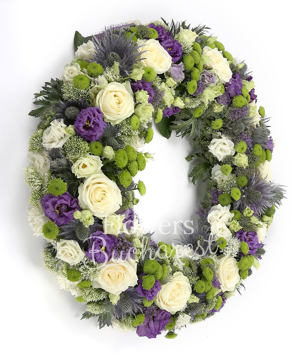 10 white roses, 10 eryngium, 10 white trachelium, 10 mauve trachelium, 10 mauve lisianthus, 10 white lisianthus, 15 santini