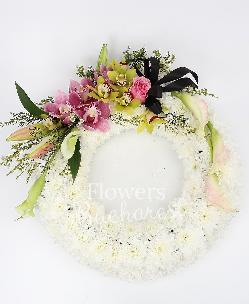 white chrysanthemum , pink lilies, green cymbidium, pink cala, greenery