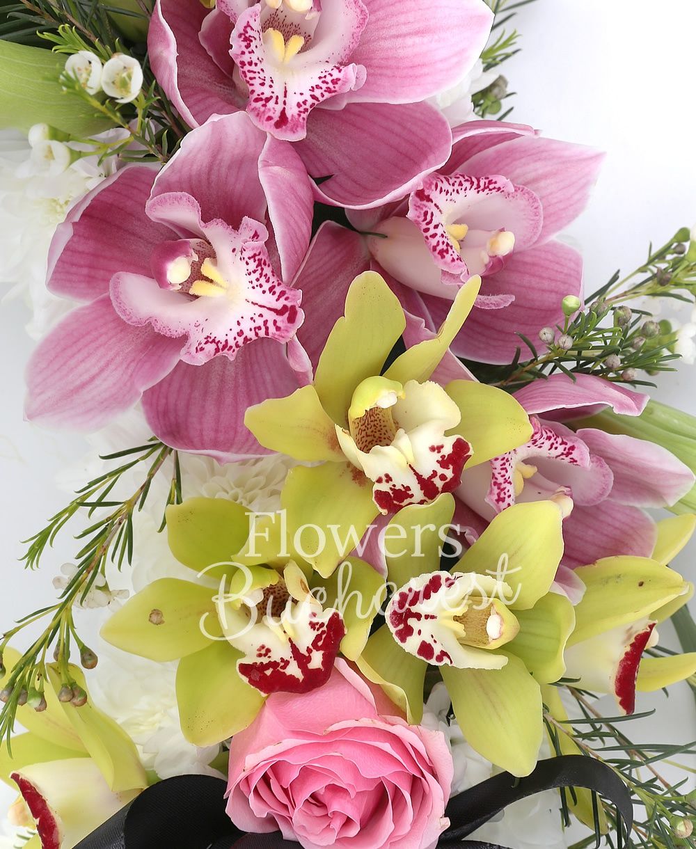 white chrysanthemum , pink lilies, green cymbidium, pink cala, greenery