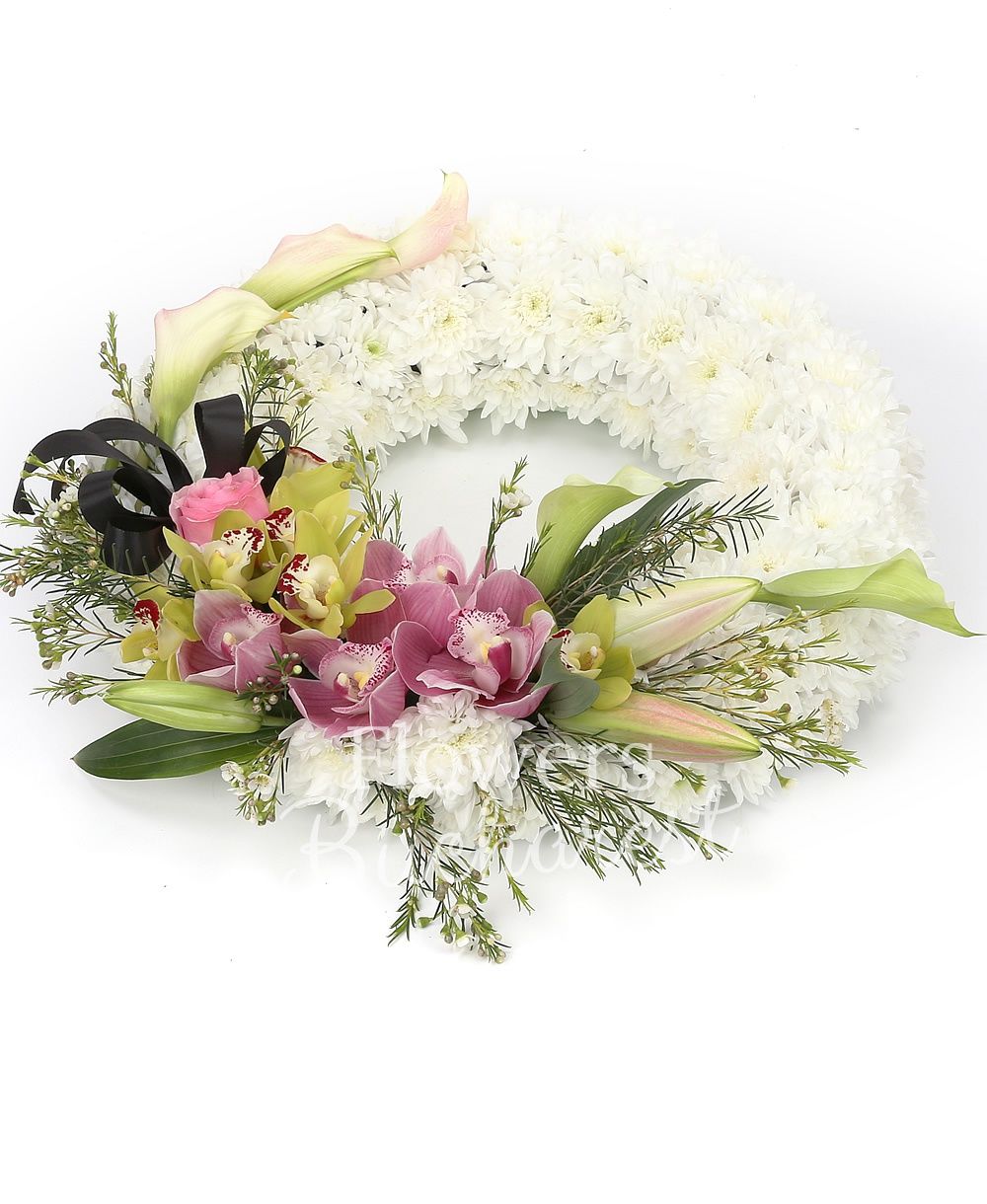 white chrysanthemum , pink lilies, green cymbidium, pink cala, greenery